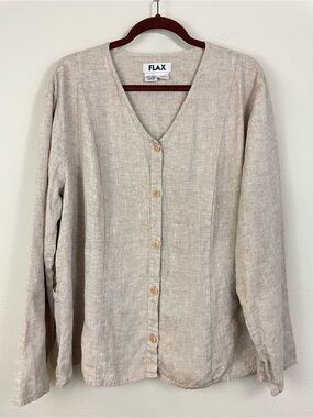 FLAX Natural Linen Relaxed Button Front V-Neck Top Shacket Size Large